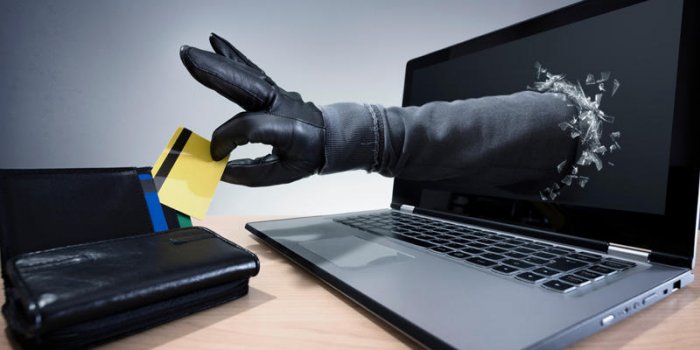Image illustrant vol d'argent par internet avec un bras passant à travers l'écran pour attraper le portefeuille