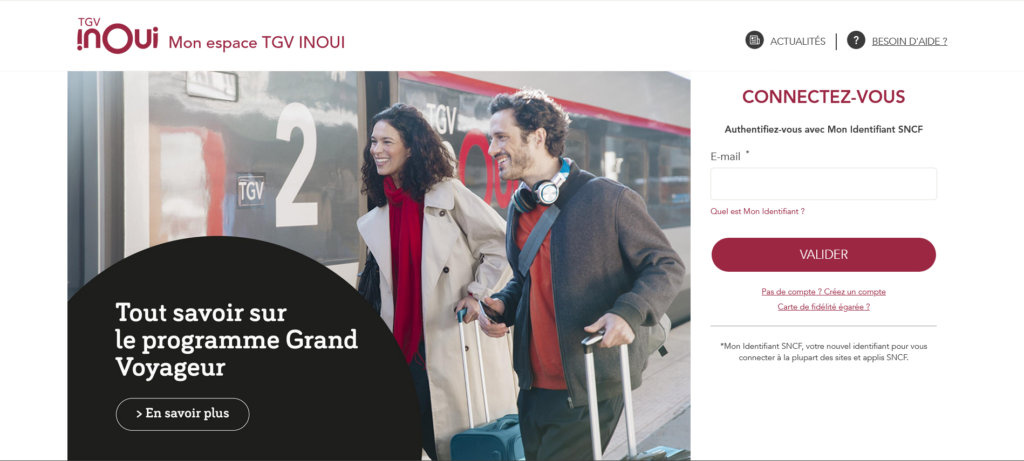 Capture d'écran de la page de connexion du compte SNCF
